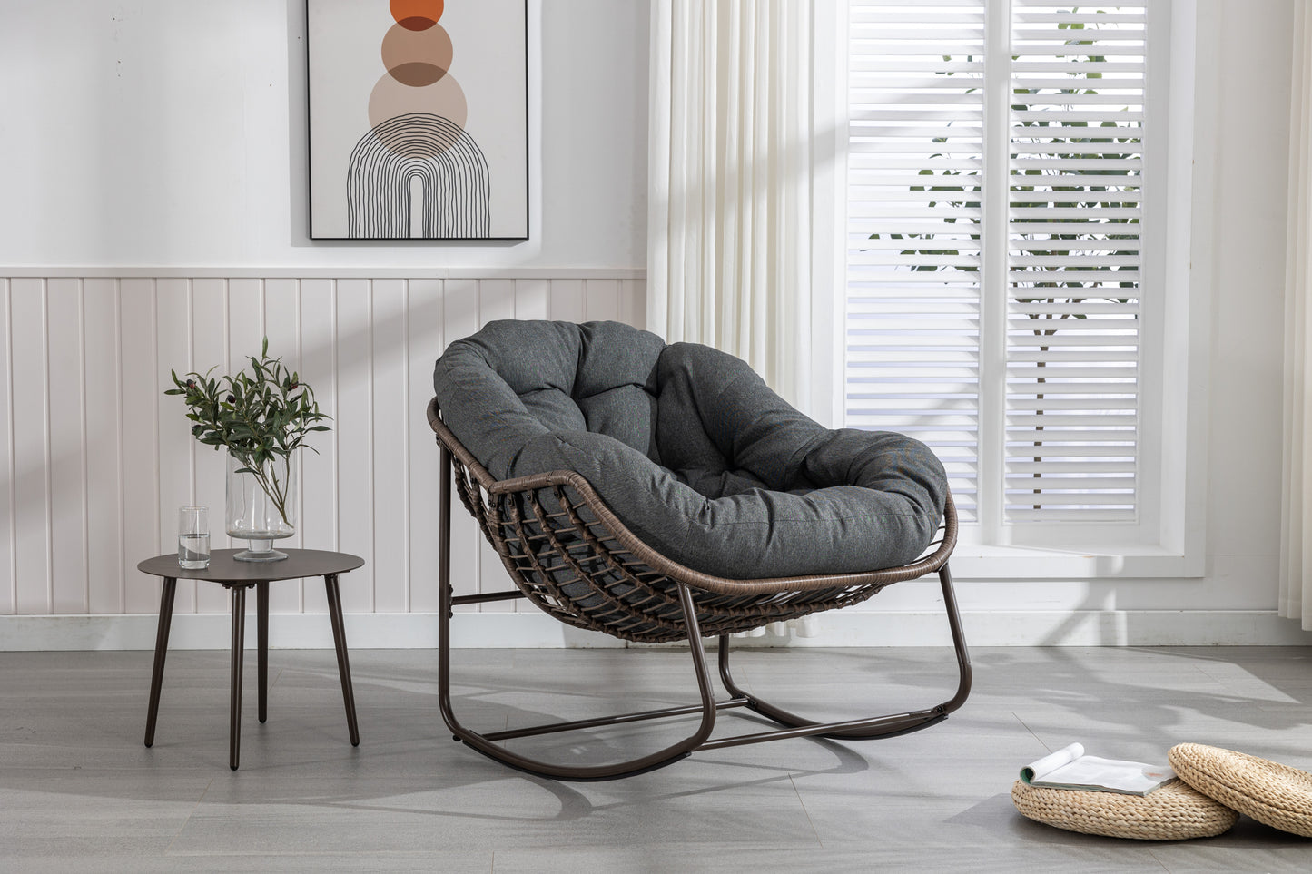 Outdoor Rattan Rocking Chair,Padded Cushion Rocker Recliner Chair Outdoor for Front Porch, Living Room, Patio, Garden, Grey  W640105282