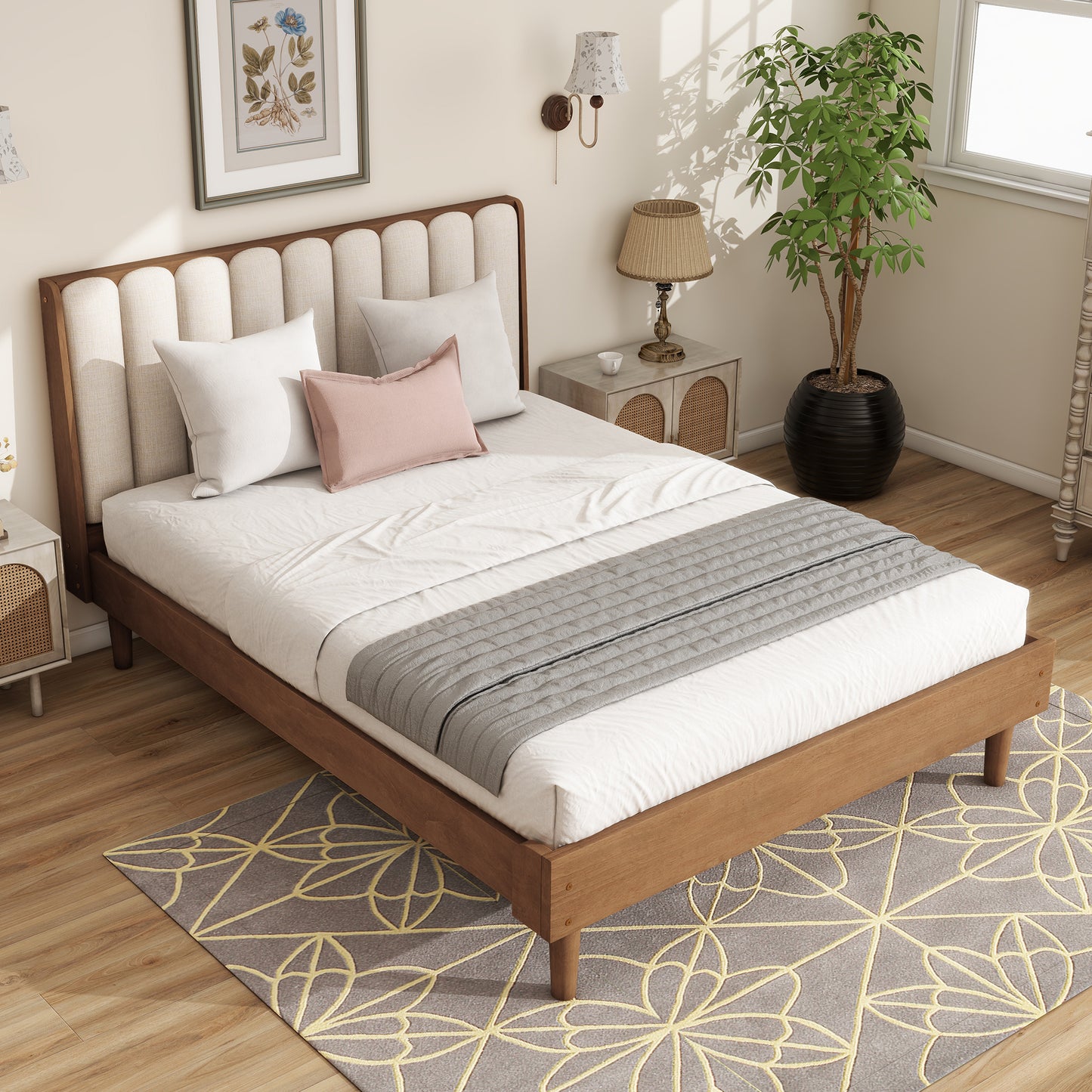 Queen Size Wood Bed with Piano Key Style Upholstered Headboard , Wood Bed with Strengthened Bed Frame,WHEAT  W504S00257