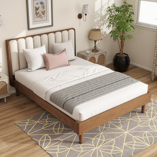 Queen Size Wood Bed with Piano Key Style Upholstered Headboard , Wood Bed with Strengthened Bed Frame,WHEAT  W504S00257