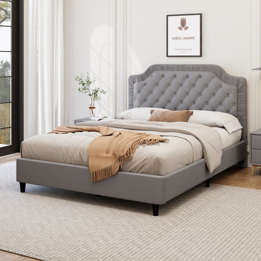 Queen Size Upholstered Bed with Ruched and Button Tufted Headboard, No Box Spring Needed,Velvet, Gray  N701P237339E