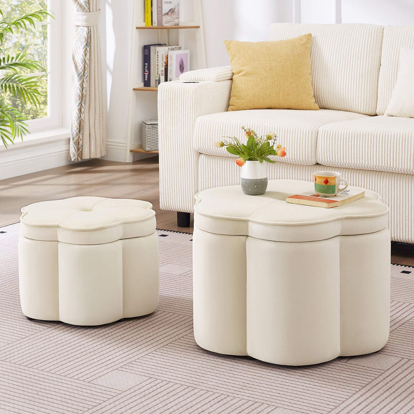 Set of 2 Ottoman with Storage,Flower Shape Petal Ottoman,Upholstered Velvet Storage Ottoman Bench,for for Living Room, Living Room and Entryway - Cream  W2186P440352