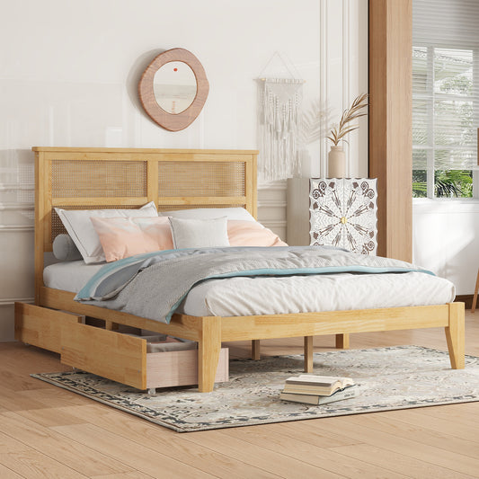 Full Size Bed with Rattan Headboard, Two Storage Drawers, Rubber Wood Bed with Enhanced Support Slats and Feet,White Oak  W504P269606