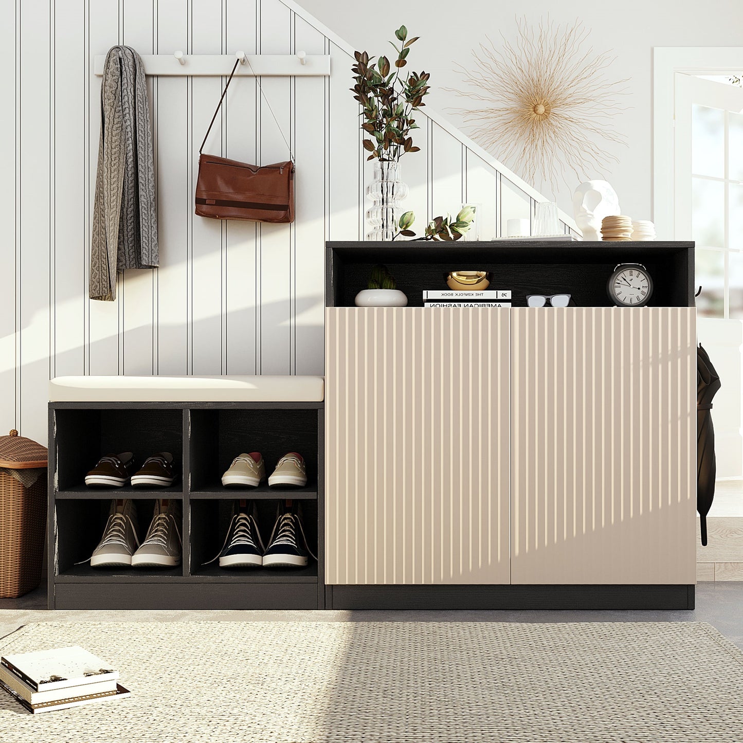 U_Style Livingroom Cabinet with Shoe Bench, 2 Doors and 3-Tier Adjustable Shelves, Entryway Bench with 4 Open Shoe Racks and Removeble Cushion, Storage Console Table with Wavy Slatted Door and Hooks  N711P345166M