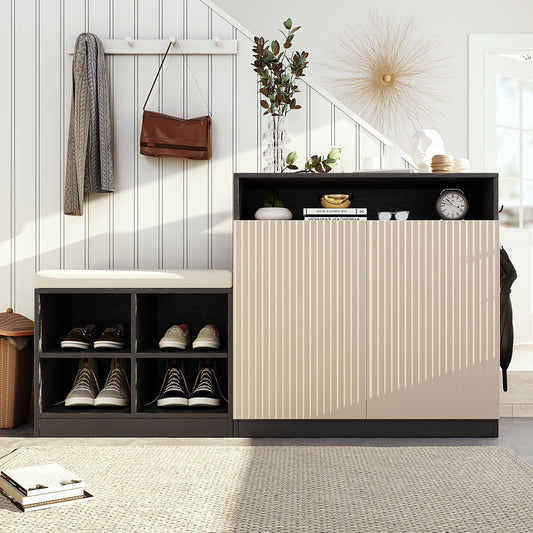 U_Style Livingroom Cabinet with Shoe Bench, 2 Doors and 3-Tier Adjustable Shelves, Entryway Bench with 4 Open Shoe Racks and Removeble Cushion, Storage Console Table with Wavy Slatted Door and Hooks  N711P345166M