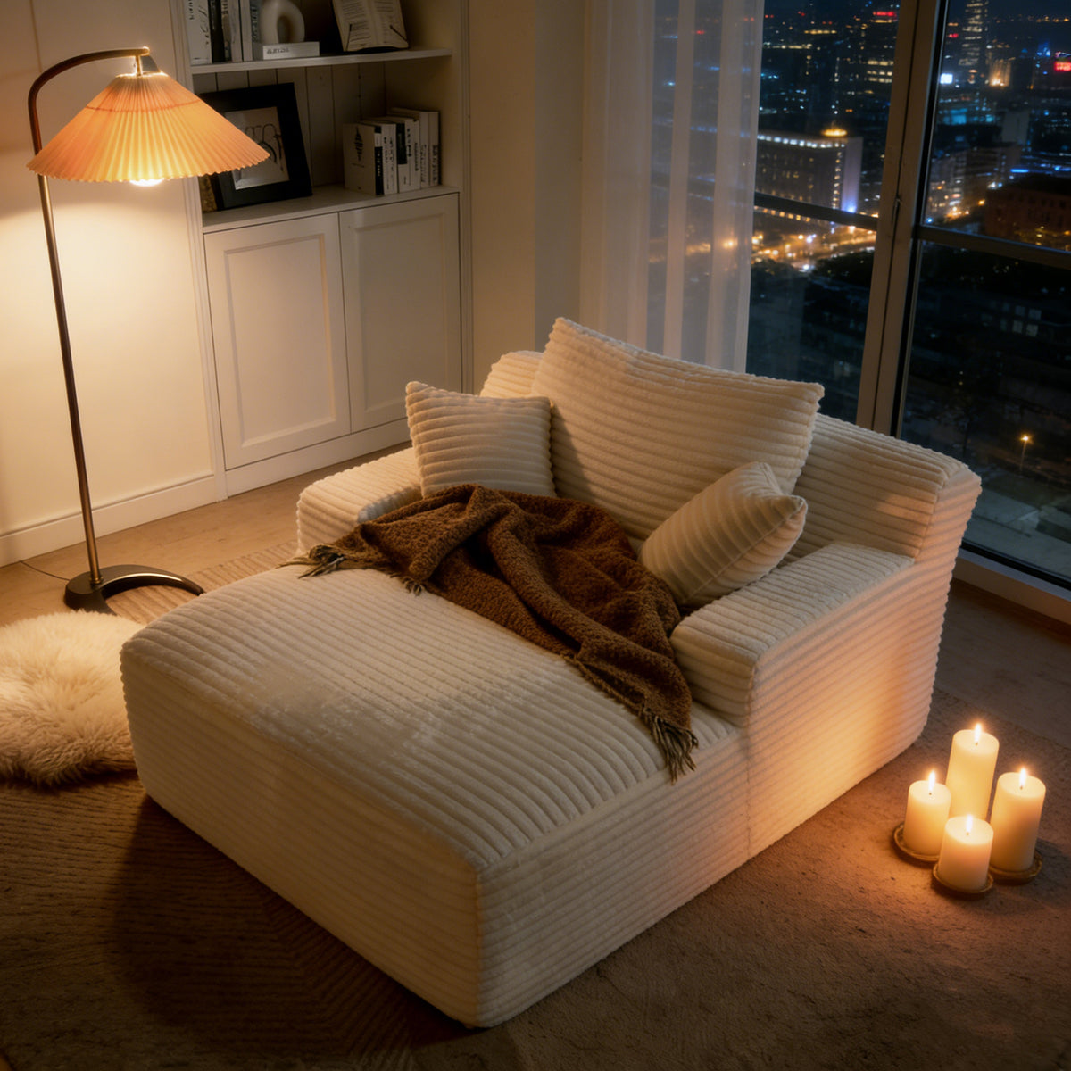 Convertible Chaise Lounge Chair Plush with Wide Armrest & Throw Pillows, Cozy Boneless Sleeper Sofa Bed Armchair, for Living Room, Bedroom, No Assembly Required,Plush,Beige White W3975P455604