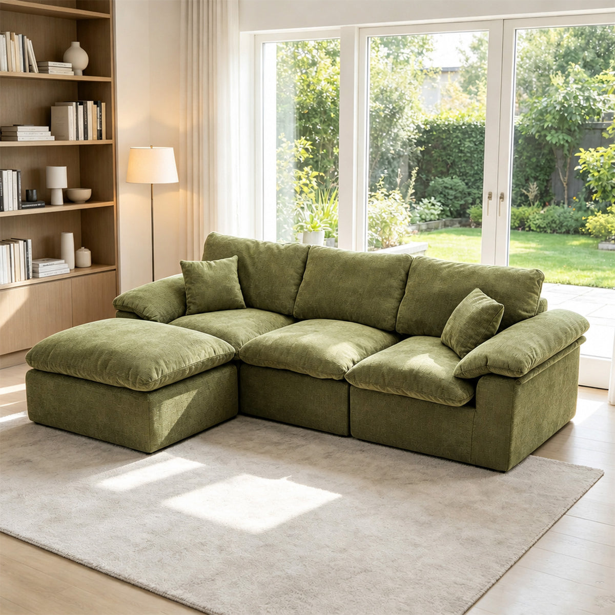Modular Sectional Sofa, L Shape Cloud Couch with 1 Movable Ottoman, Comfy Chenille Deep Seat Sofa with Soft Pillows for Living Room Apartment (Green)  W3728S00042