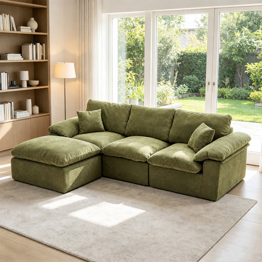 Modular Sectional Sofa, L Shape Cloud Couch with 1 Movable Ottoman, Comfy Chenille Deep Seat Sofa with Soft Pillows for Living Room Apartment (Green)  W3728S00042