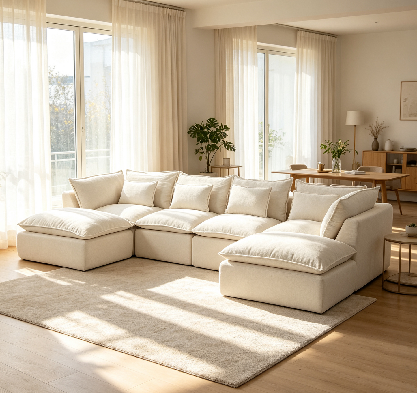 129.8' Width Cloud Couch Oversized Modular Sectional Sofa True Relax Comfy Couches Wide&Deep Seat Sofas for Living Room Furniture Sets,Waffle Fabric , 4Seat with 2Ottoman  W2530S00028