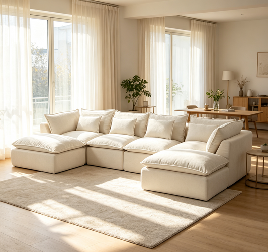 129.8' Width Cloud Couch Oversized Modular Sectional Sofa True Relax Comfy Couches Wide&Deep Seat Sofas for Living Room Furniture Sets,Waffle Fabric , 4Seat with 2Ottoman  W2530S00028