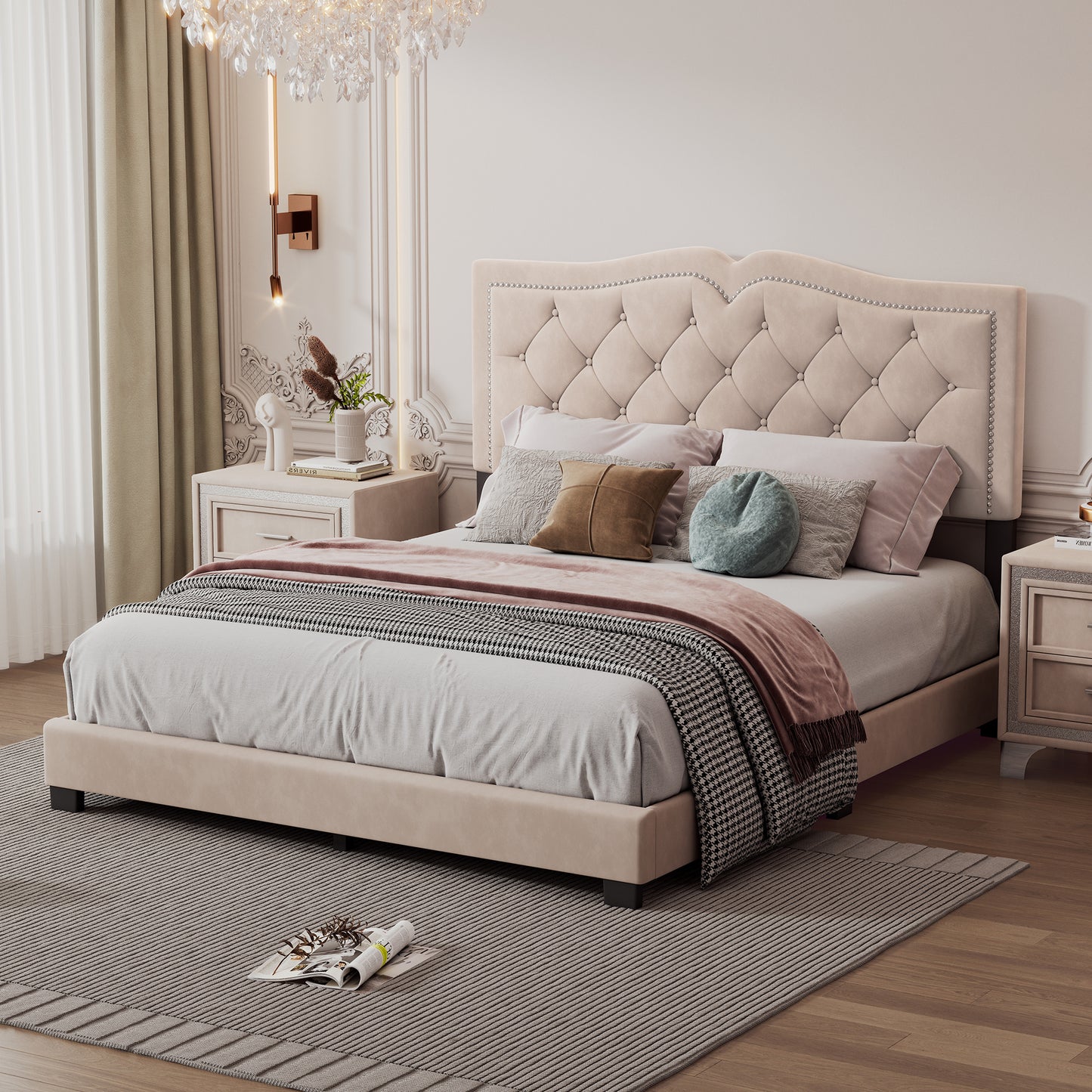 Queen Size Upholstered Bed Frame with Rivet Design, Modern Velvet Platform Bed with Tufted Headboard,Beige WF316750AAA