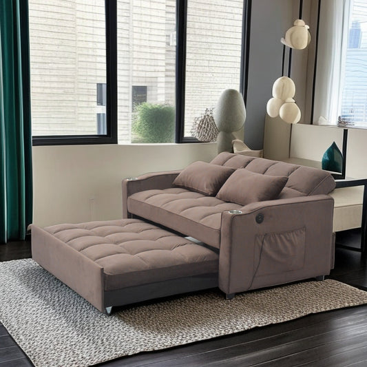 Lazy Sofa Bed, Luxury Three-in-one sofa bed, Modern Seating Foldable Sofa Bed, Sofa velvet pull-out bed, Adjustable Back with Three USB Ports, Two Side Pockets, Two Cup Holders for Living Room, Brown  W1183139066