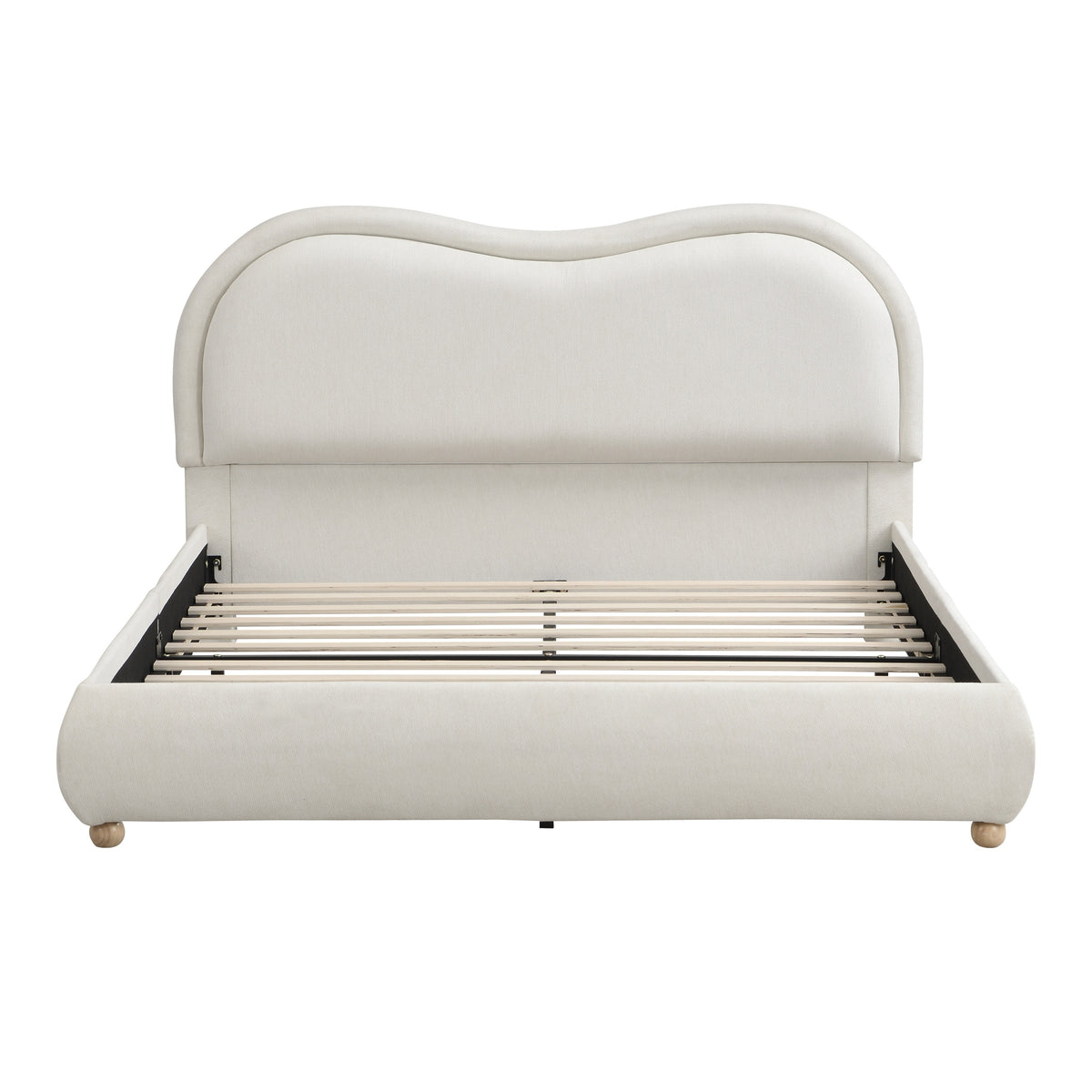 Queen Size Upholstered Platform Bed Frame with Curved Headboard, Oak Solid Wood Legs, Chenille Fabric, Beige, Wooden Slats, No Box Spring Needed, Easy Assembly  W1716P387789