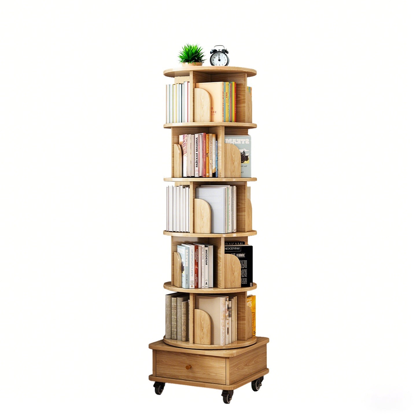 6 Tier Rotating Bookshelf with Wheels and Drawer, 360° Spinning Design, Space Saving Storage, for Home and Office, Wood MDF  W3204P309484
