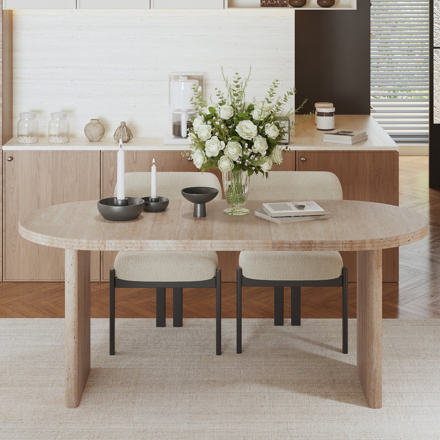 55.12'-70.87'Modern Extendable Dining Table with removable extension leaves,Mid-century modern style home table,Suitable for dining rooms, kitchens, and living rooms,Ancient White  W757P411790