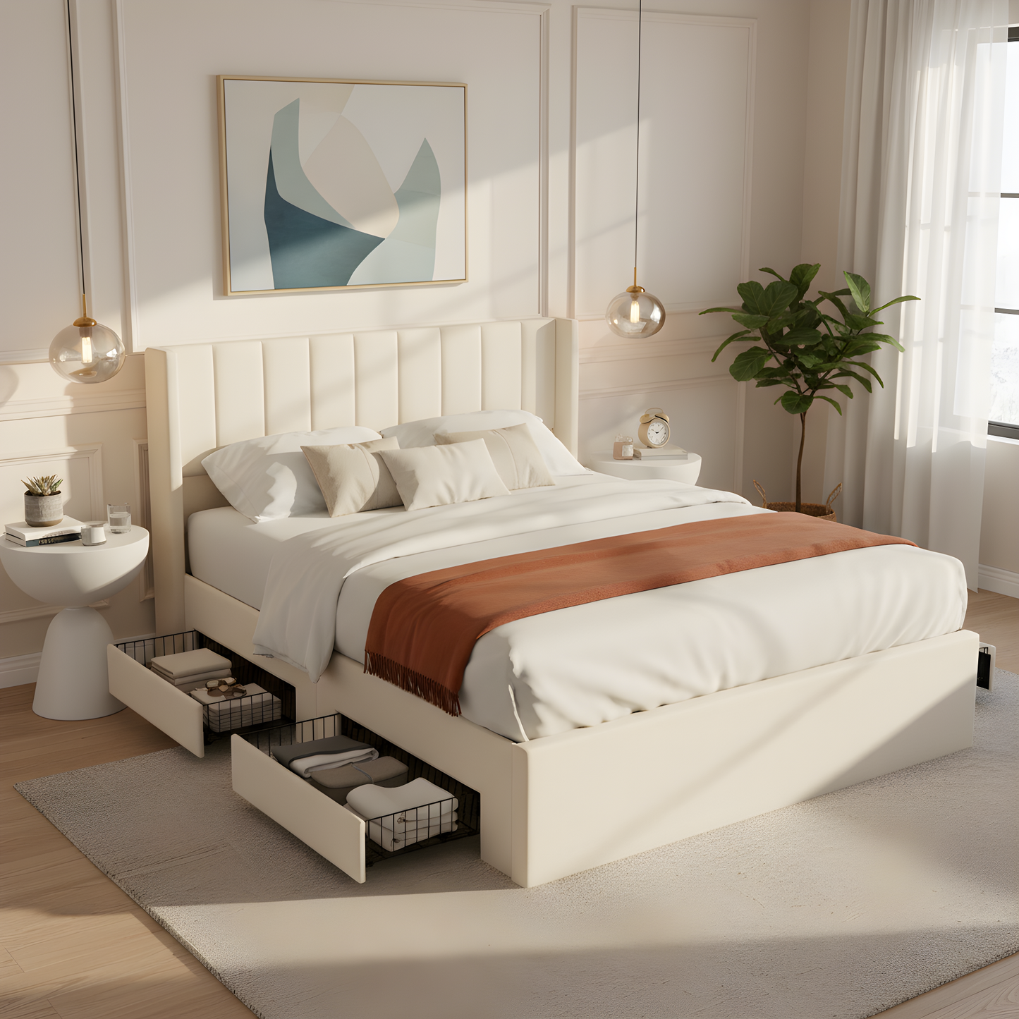 Large-capacity upholstered storage bed with drawers,Beige,Queen  N769P385612B