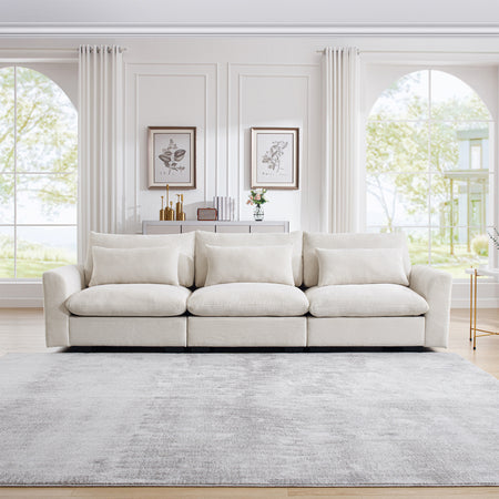 3 Seater Deep Seat Couches for Living Room, Wide and Deep Seat Comfy Living Roo Sofas with 3 Waist Pillows, Beige Corduroy W714S00640