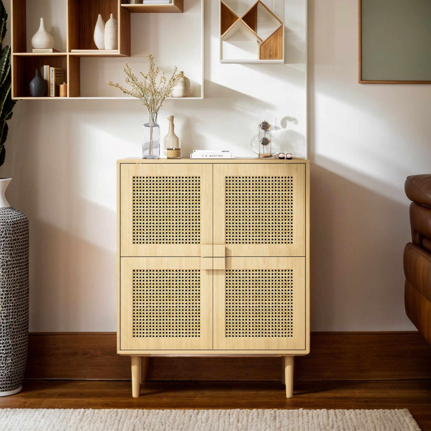 4-Doors Rattan Mesh Storage Cabinet, Sideboard with Eight Storage Spaces, for Entryway, Living Room, Hallway (Natural)  W757P198553