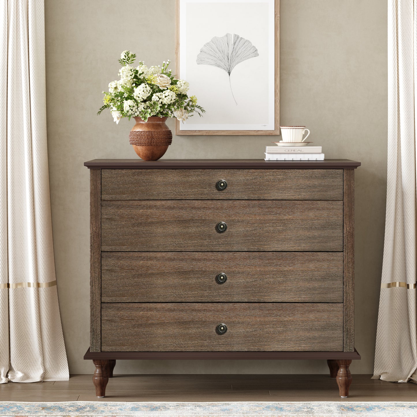 Large 4-Drawer Chest with Solid Wood Foot, Dresser with Brushed Deep Brown Finish & Metal Drawer Knobs, Antique Design for Bedroom & Nursery  W1445P422422