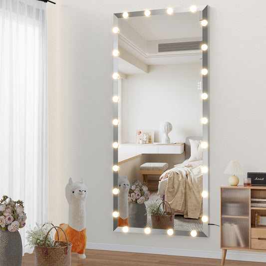 Hollywood Full Length Mirror with Lights Oversized Full Body Vanity Mirror with 3 Color Modes Lighted Large Standing Floor Mirror for Dressing Room Bedroom Hotel Touch Control,Silver,72X32 Inch  W708125598