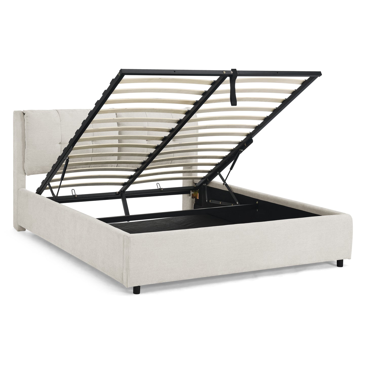 Beige Chenille Upholstered Queen Storage Platform Bed with Integrated Headboard and Hidden Drawer   W1413S00113