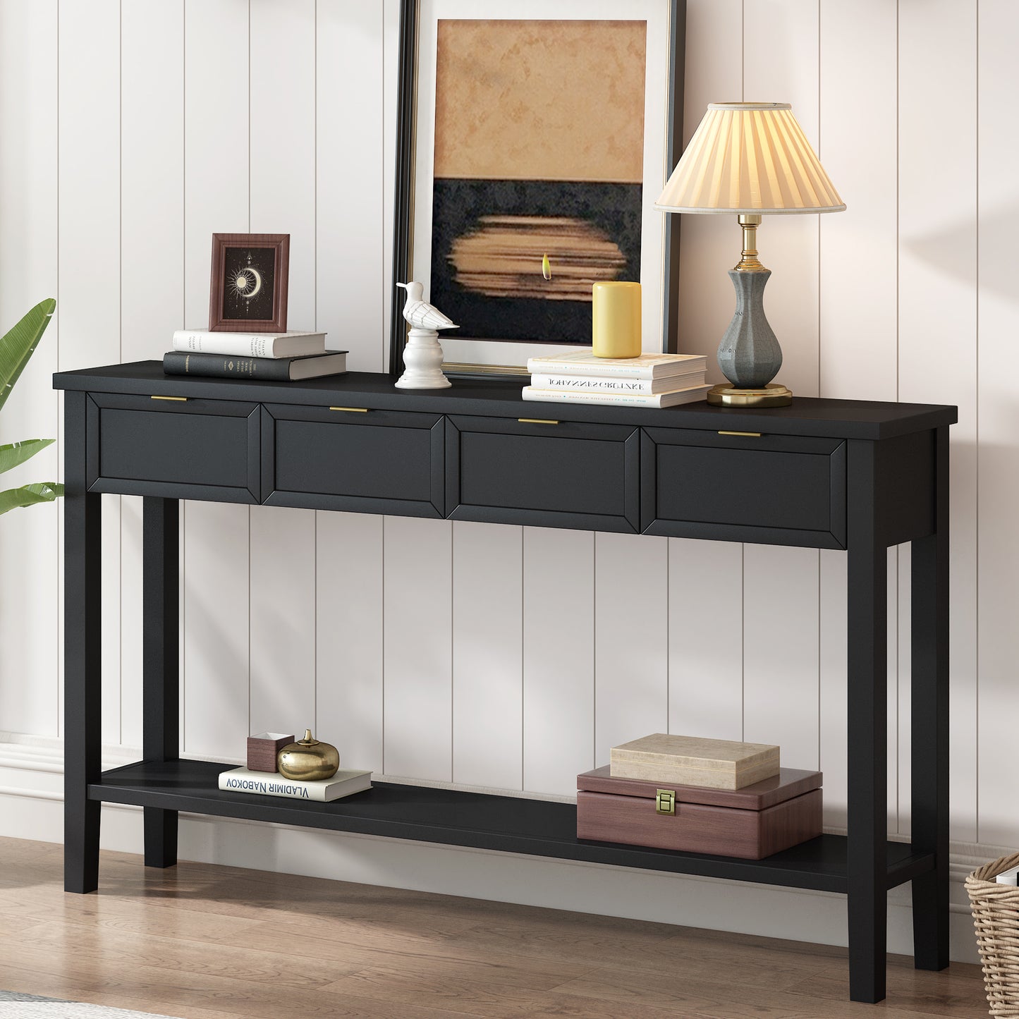 U_STYLE Contemporary High-Quality Entryway Console Table with 4  Spacious Drawersm,1 Practical Bottom ShelfLong Legs, for Hallway, Foyer  N711P218638B