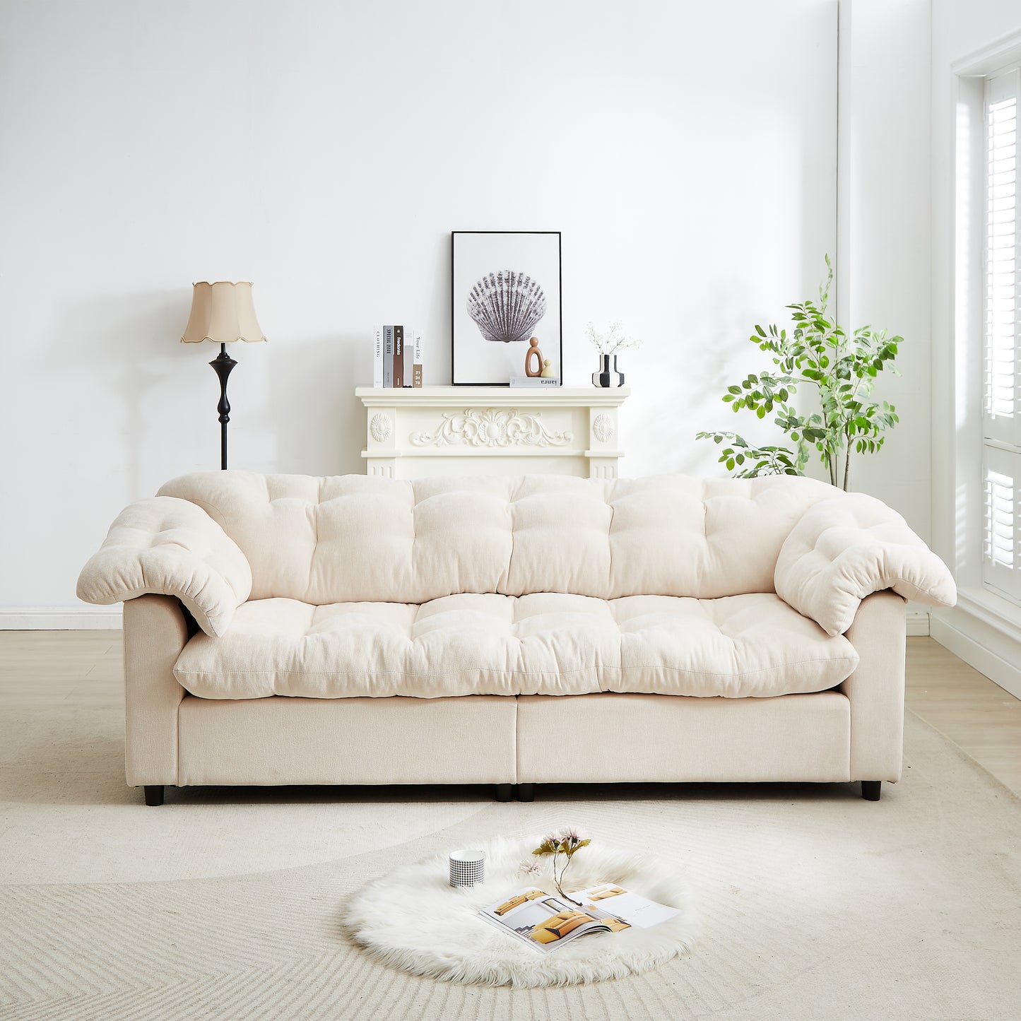 94.8' Chenille Modern Comfort Deep Seat Sofa, Upholstered Fluffy Cloud Sofa Suitable for living rooms, bedrooms, offices and apartments, beige  W1193S00175