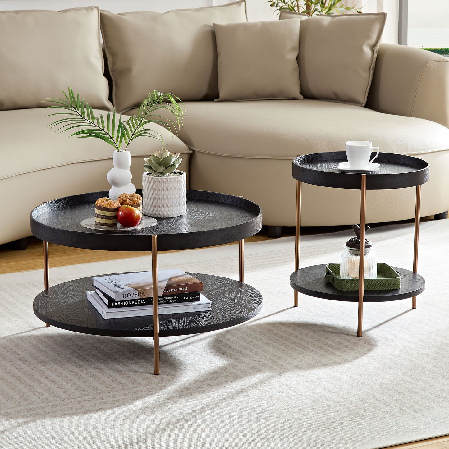 2-Piece Modern 2 tier Round Coffee Table Set for Living Room,Easy Assembly Nesting Coffee Tables, End Side Tables for Bedroom Office,Black MDF W2582P167726