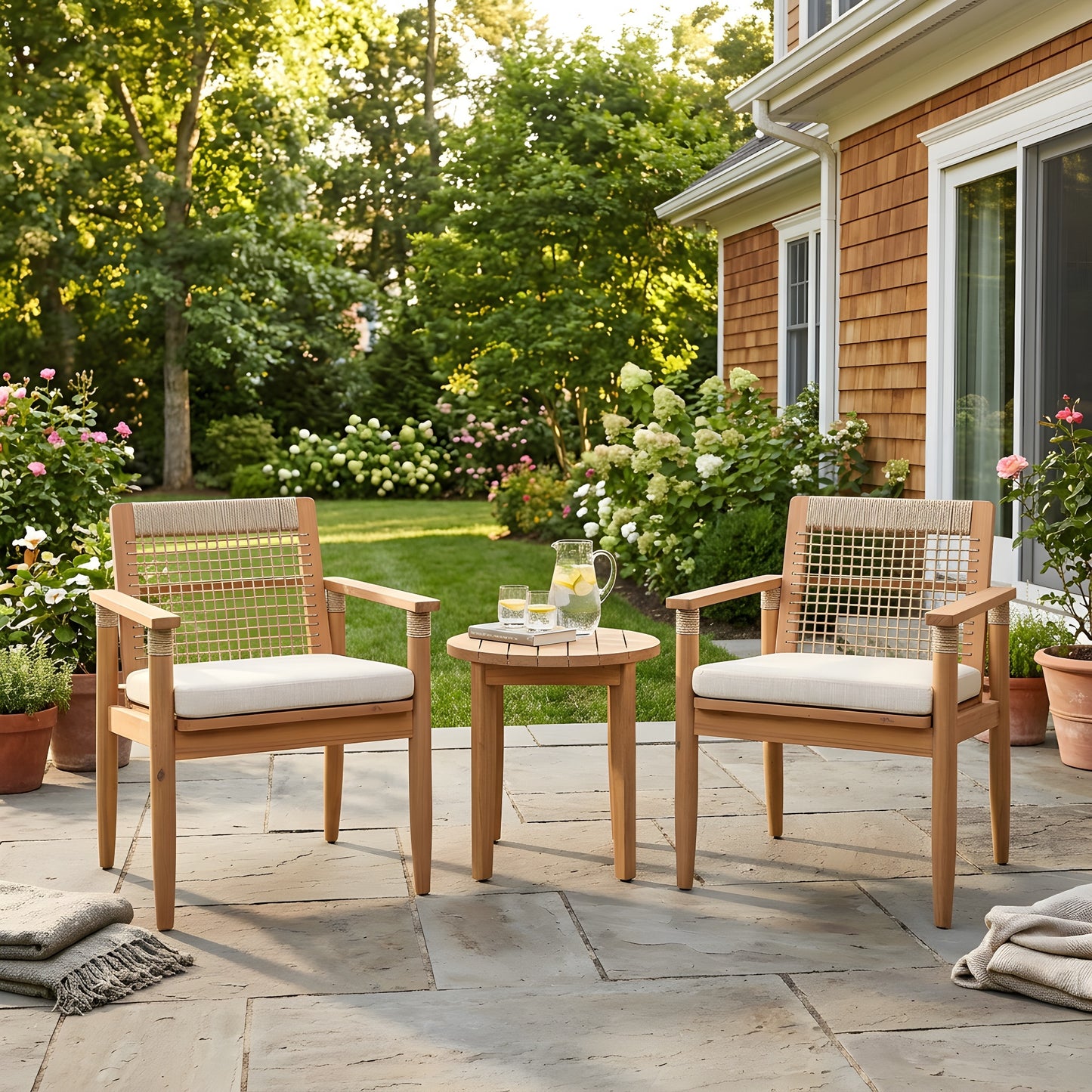 Outdoor Dining Chairs Set of 2, Acacia Wood Patio Armchair with Multi Brown Rope Design Back and Arms and Beige Washable Cushion,for Backyard, Poolside, Garden,Light teak  N762P386379D