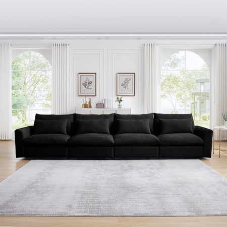 4 Seater Deep Seat Couches for Living Room, Comfy Black Corduroy Sofas for Living Room Modern with 4 Waist Pillows W714S00851