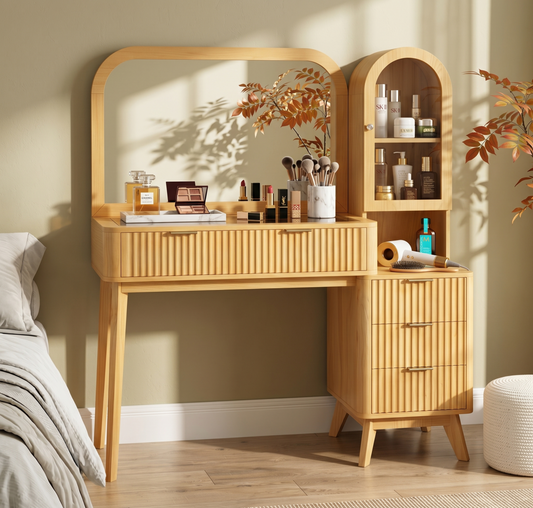 48' Fluted Makeup Vanity Desk with Large 32' Mirror, Modern Glass Top Big Vanity Table with 4 Drawers & Storage Cabinet, Dressing Table Set w/Charging Station for Bedroom, Natural  N704P420034N
