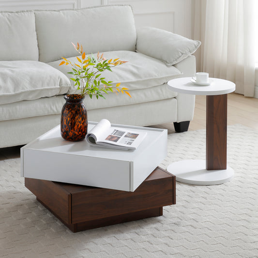 2set coffee table , Rotating Coffee Table  with 2 Drawers, High wood 2-Tier Center Table with Storage, Square Coffee Table with Swivel Tabletop for Living Room  (white and Walnut ) W1117S00103