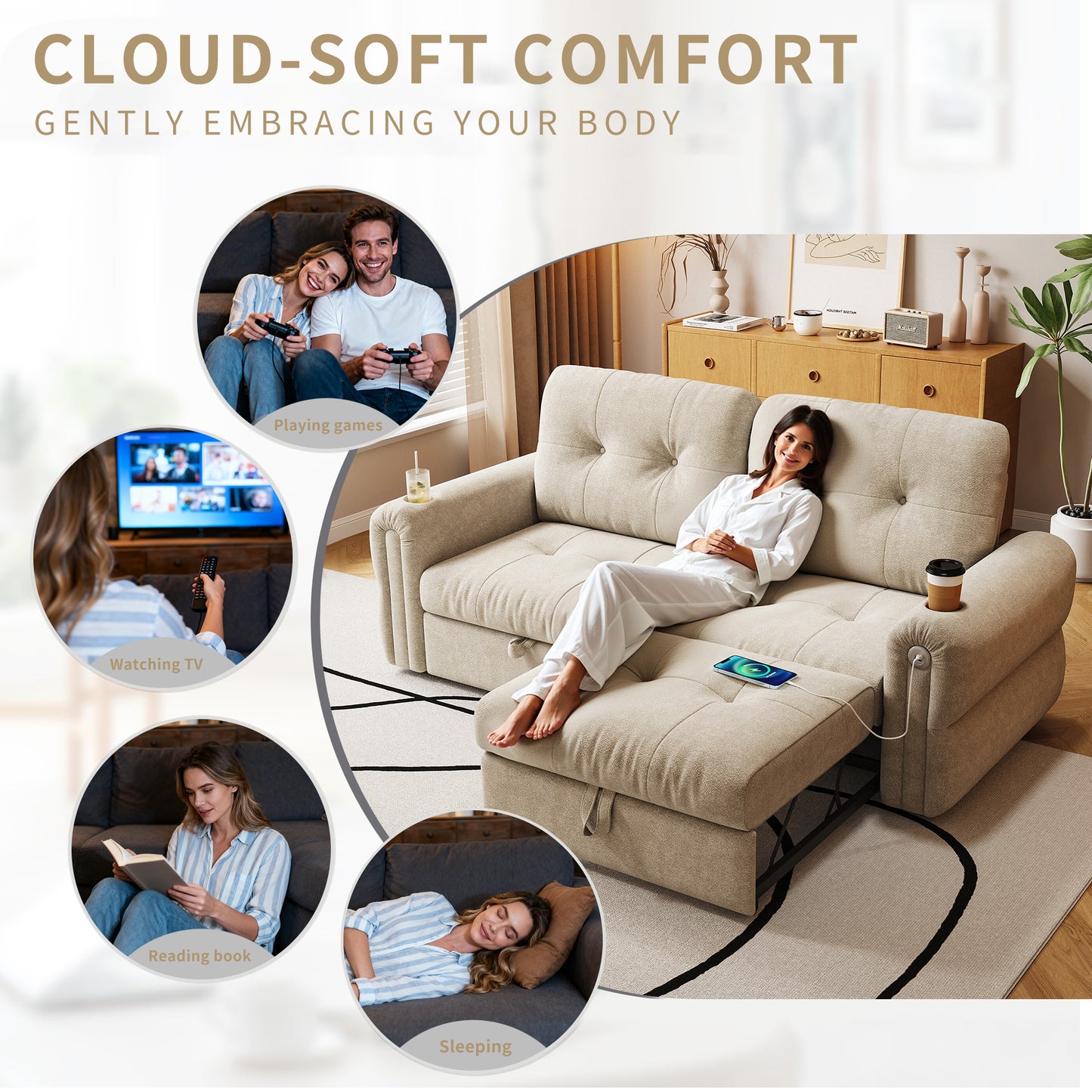 It is a multi-functional sofa, a 77-inch convertible sofa bed, and a 2-in-1 piece suitable for both sitting and lying down. Made of  Sheneyron fabric, it is suitable for living rooms, bedrooms  W3820S00018