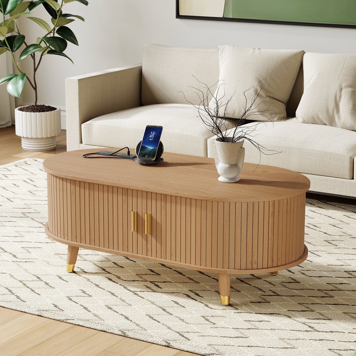 [Assembly Video] 42.5'W Wooden Oval Fluted Coffee Table with Charging Station, Mid-Century Center Table with Sliding Tambour Door,Farmhouse Cocktail Table for Living Room, Natural/Teak N721P297572L