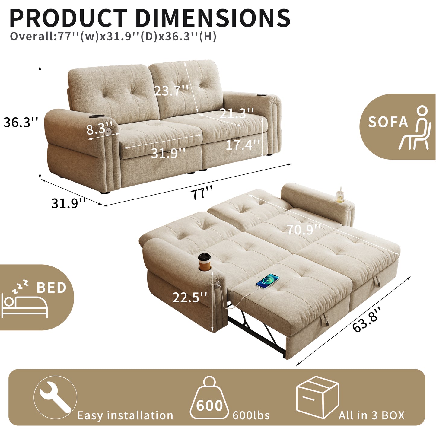 It is a multi-functional sofa, a 77-inch convertible sofa bed, and a 2-in-1 piece suitable for both sitting and lying down. Made of  Sheneyron fabric, it is suitable for living rooms, bedrooms  W3820S00018