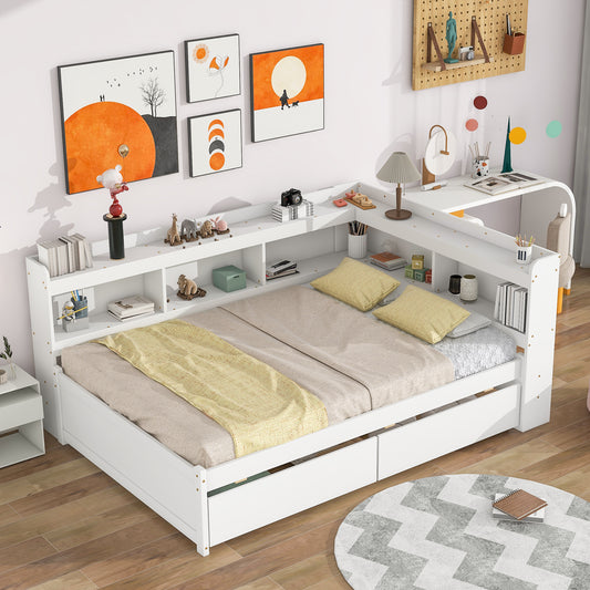 Full Bed with L-shaped Bookcases, Drawers ,White  W504S00098