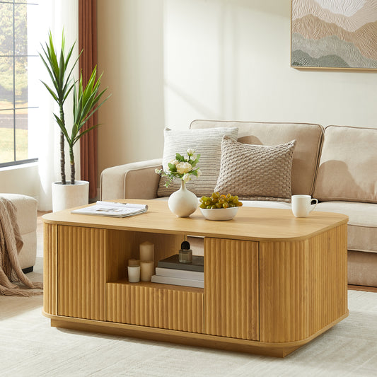 46.5'modern luxury oval coffee table with drawers and storage compartments, curved contour design, living room center coffee table, suitable for living rooms and offices, Natural, 46.5'L*27.2'W*17.7'H  W1162P339120