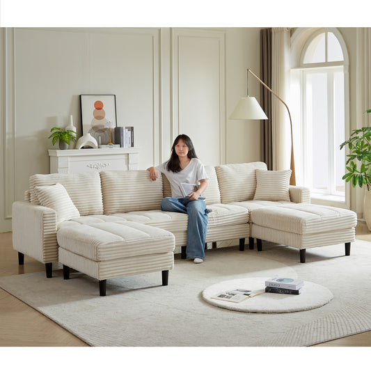 122.5-Inch Oversized U-Shaped Modular Sofa, Corduroy Fabric Sofa, Living Room Sectional Sofa with 2 Pillows, Two ottoman, plastic leg, Beige  W1193S00122