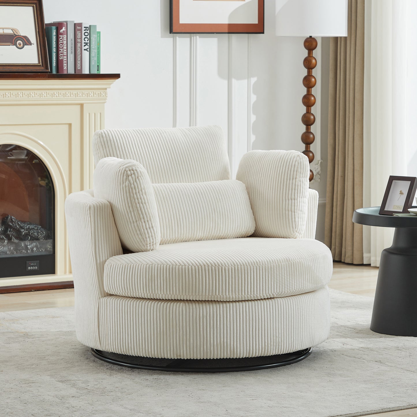 42''W Swivel Accent Chair With 2 Thorw Pillows 360 Degree Swivel Round Sofa Modern Oversized Chair Cozy Club Chair for Bedroom Living Room Lounge Hotel, Ivory Corduroy  W1298P199181