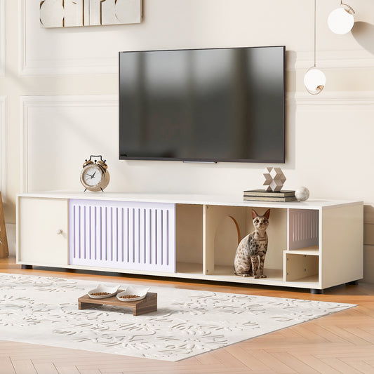 Modern Cream White TV Stand with Storage, Cat Litter Box Enclosure with Removable Sliding Door N843P254844C