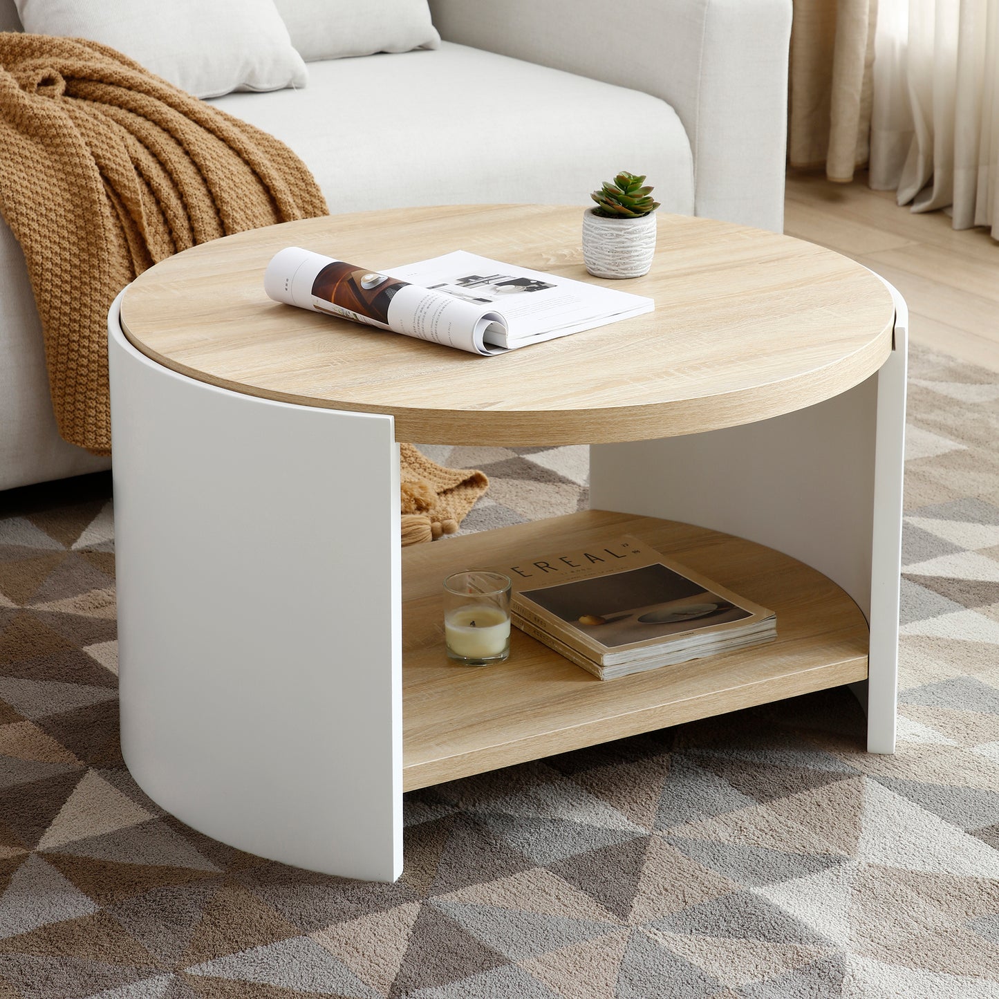 Round Coffee Table,31' Coffee Table for Living Room,2-Tier Rustic Wood Desktop with Storage Shelf Modern Design Home Furniture(Natural color and white)  W1117P224566