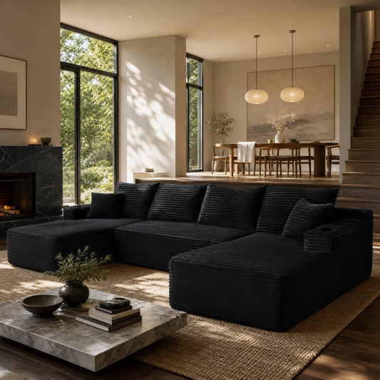 134' Cloud Sectional Sofa with U-Shape Chaise and Side Pockets and Cup holder , Modern Modular Design, Deep Seating, Upholstered Couch for Living Room/Bedroom, No Assembly Required (Plush)Black  W3975S00105
