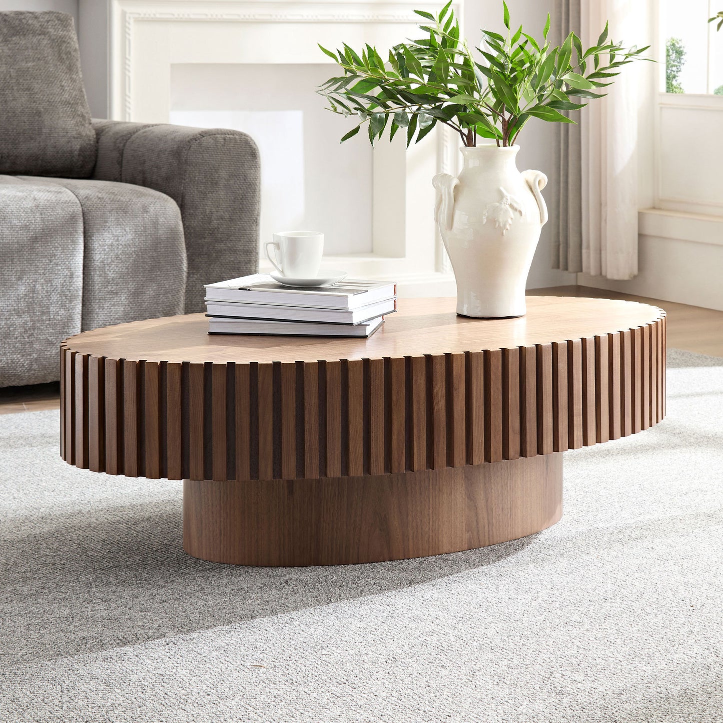 Modern Handcraft Drum Coffee Table Length 43.7 inch Ellipse Coffee Table for Living Room,Oval Small Coffee Table with Sturdy Pedestal,Walnut MDF W2582P188737
