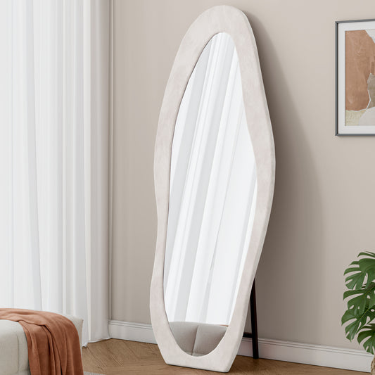 Full Length Mirror, 63' x 24' Floor Mirror/ Wall Mirror, Flannel Wrapped Wooden Frame Floor Mirror,Irregular Wavy Mirror Standing/Halling Large Wall Mirror for Bedroom,Living Room, Dressing Room White W347P368256