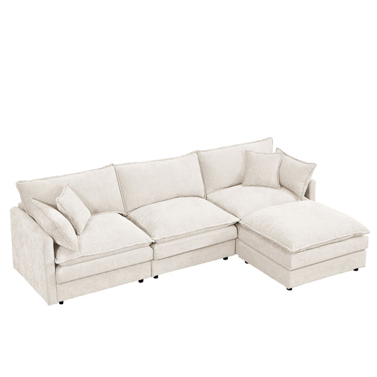 Contemporary Modular Sectional Sofa with Movable Ottoman in Beige Chenille, 102Inch L-Shaped Couch Set W1359S00007