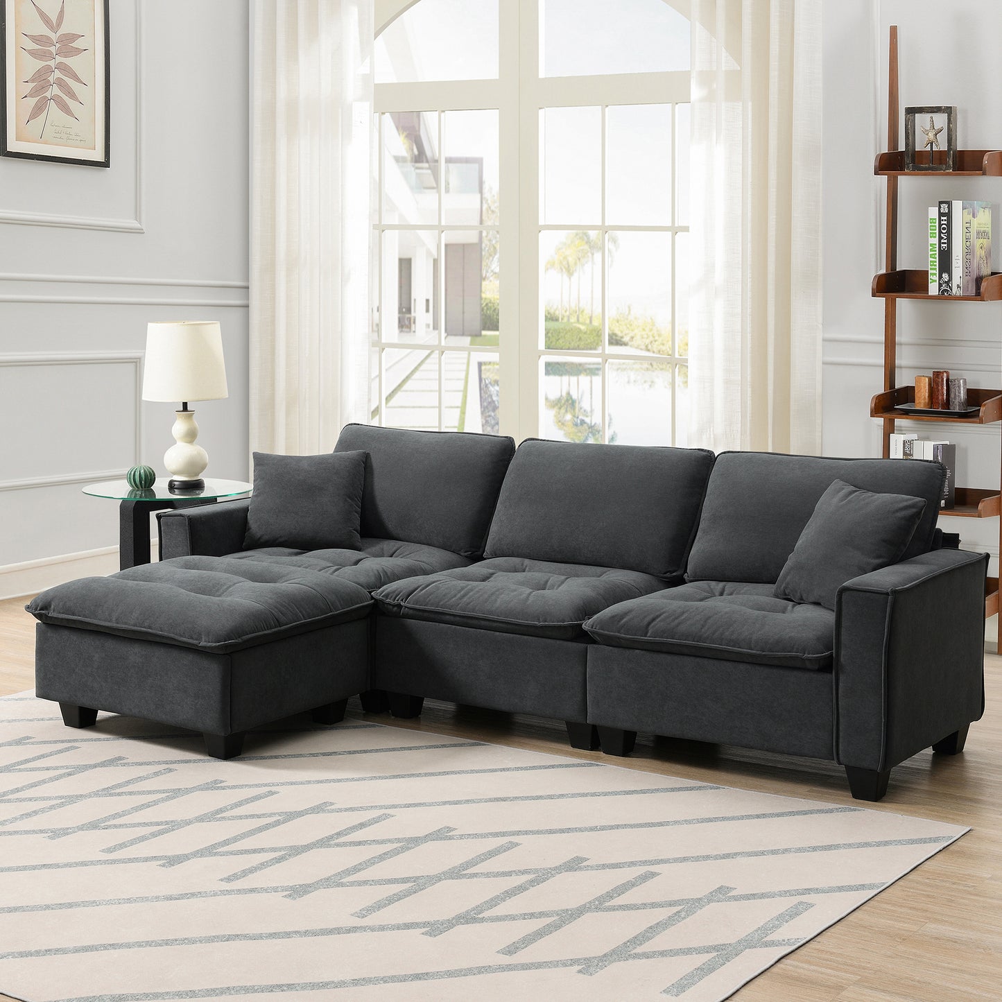 [VIDEO provided][New]100*59' Modern Convertible Sectional Sofa,L-shaped Reversible Couch Set with Free Pillows,4 Seat Suede Velvet Sleeper Sofa with Ottoman for Living Room,Apartment,Office,3 Colors  N723S6006E