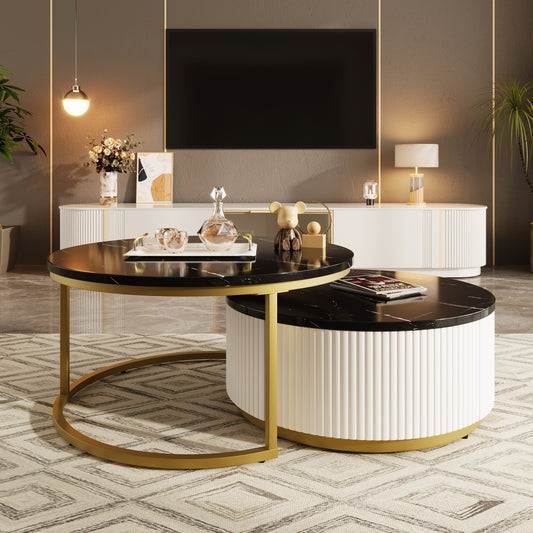 Modern Round Nesting Coffee Table Fluted with Drawer in Black & Gold in 31.5''  CH325939AAB