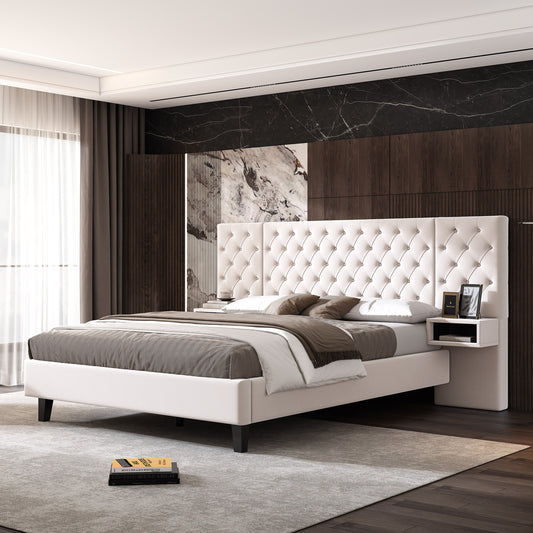Queen Size Platform Bed with Headboard, Modern Velvet Upholstered Platform Bed with 2 Nightstands, with diamond tufted, Beige  N757Q210226W
