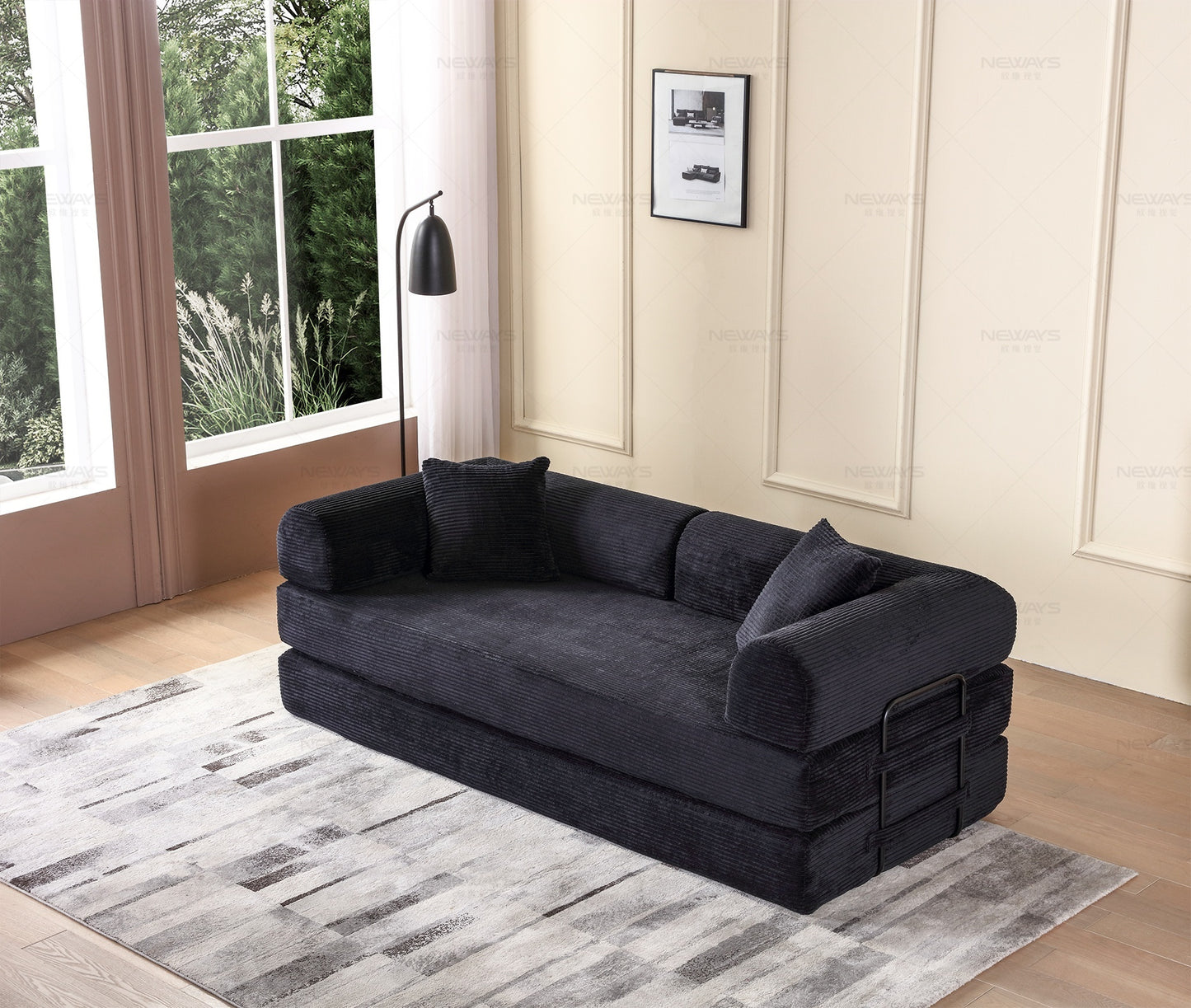 Convertible Sleeper Sofa Bed with Cylindrical Pillow - Corduroy Folding Mattress Couch with Fixed-Shape Frame for Living Room, Bedroom, Lounge, Studio - Black  W3199P277913