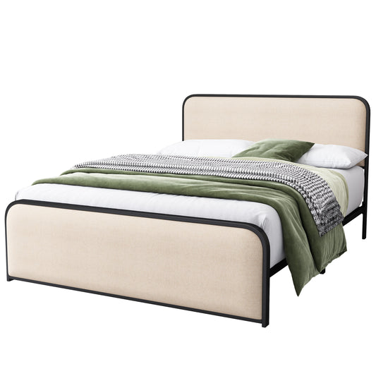 Modern Metal Bed Frame with Curved Upholstered Headboard and Footboard, Under Bed Storage, Heavy Duty Metal Slats, King Size, Beige  N701P229015B