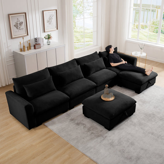 Big Deep Seat U-Shaped Corduroy Sectional Couches for Living Room, 4 Seater Sofa Couch with 2 Storage Footstool and 4 Waist Pillows (Corduroy, Black) W714S00853